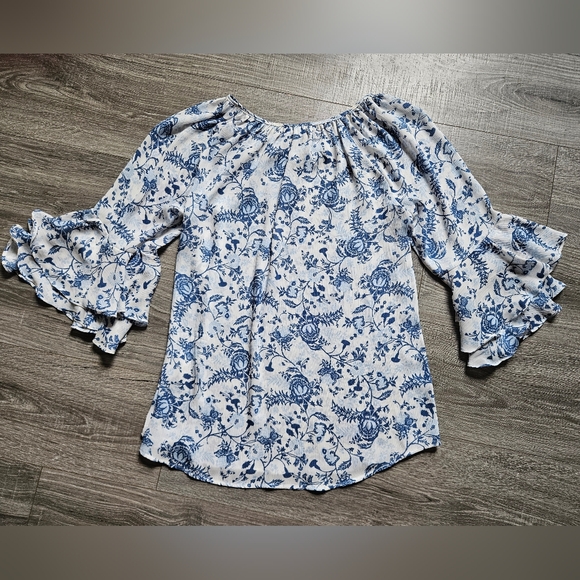 Chaps Ralph Lauren floral Boho Ruffle Sleeve Gauze peasant top Large - Picture 5 of 5